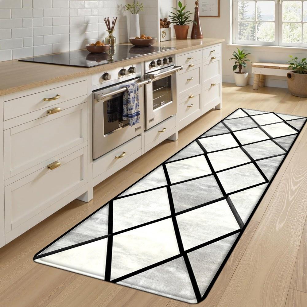 1PC， Black and White Diamond Geometric Pattern strip rugs, home décor, bathroom mats, entryway mats, bathroom non-slip mats, indoor entrance rugs, bedroom bedside mats, kitchen mats, hallway rugs, flannel sponge rugs, hallway runner rugs