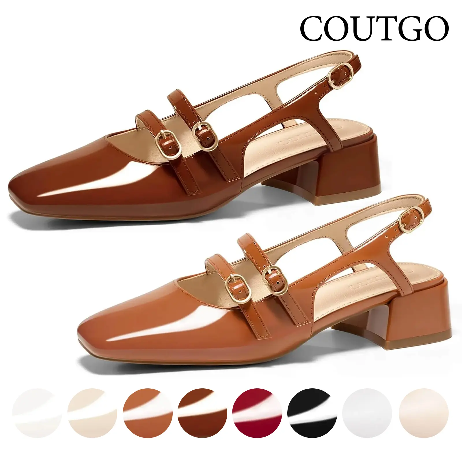 Coutgo Womens Mary Jane Chunky Low Heels Slingback Pumps Closed Square Toe Wedding Dress Shoes