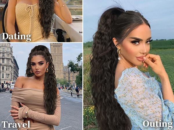 ORSUNCER Ponytail Extension 30 Inch Drawstring Pony Tails Hair Extensions for Women Long Curly Brunette Brown Ponytail Synthetic Hairpieces for Daily Use
