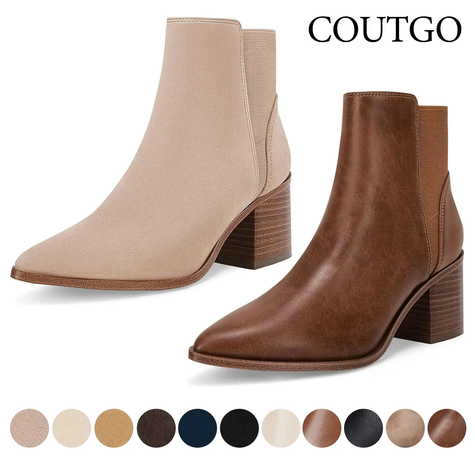 Coutgo Womens Pointed Toe Ankle Boots Elastic Chunky Block Stacked Mid Heel Slip On Chelsea Booties tiktokshopbacktoschool