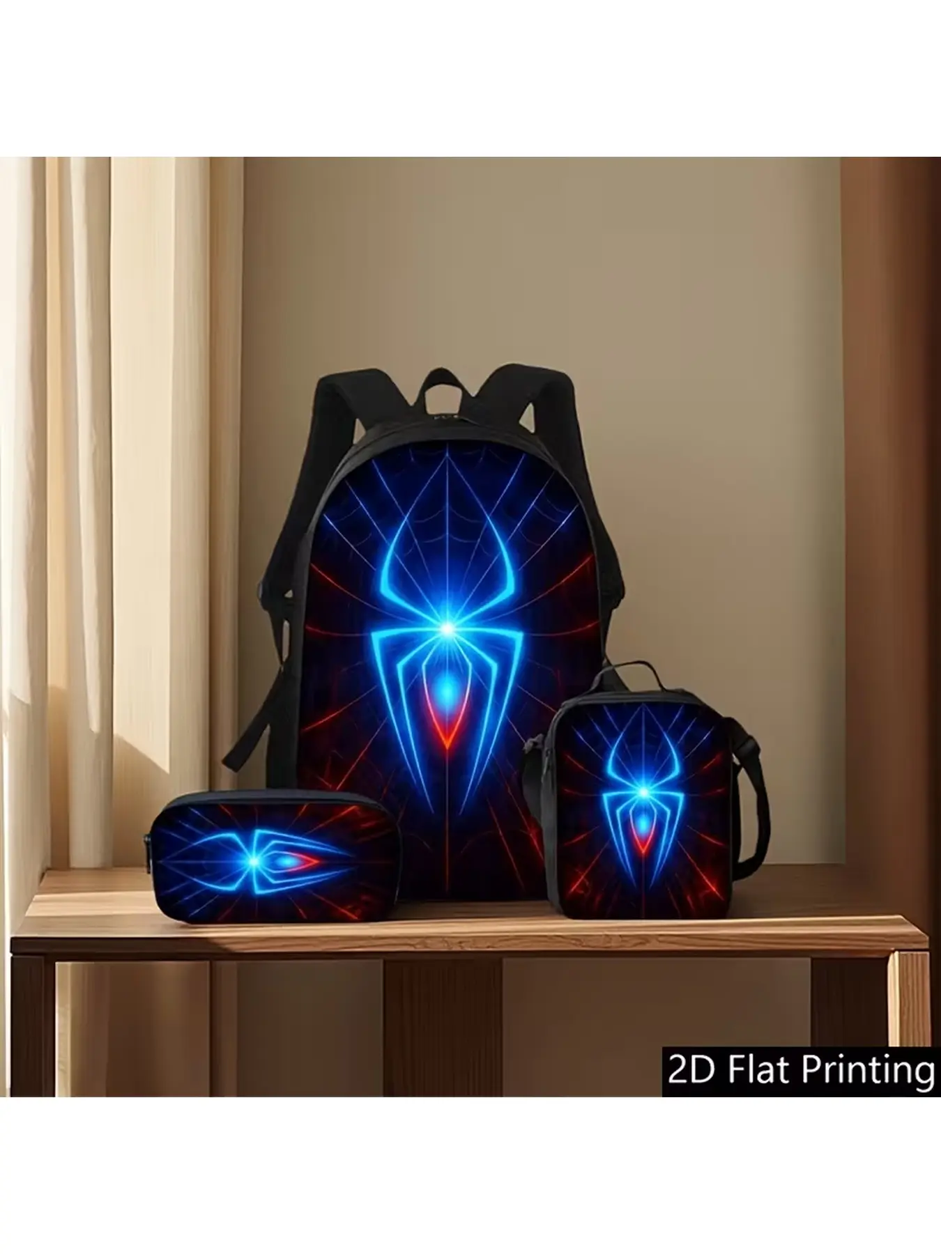3Pcs Neon Spider Logo Backpack Set, Cool Glowing Spider Web Print School Backpack with Lunch Bag & Pencil Case, Large Capacity Student Bookbag for Boys Teens, Cool Backpacks