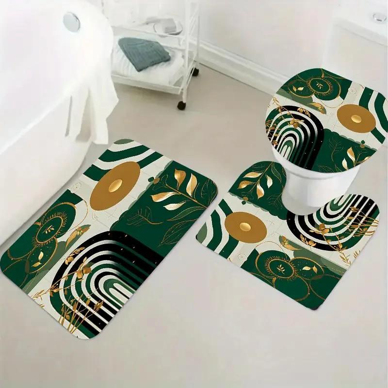 1/4pcs Abstract Pattern Bathroom Decor Set, 4 Countsset Including 1 Shower Curtain & 1 Bathroom Rug & 1 Toilet U-shape Mat & 1 Toilet Lid Cover Pad, Bathroom Restroom Decor Supplies, Home Goods, Shower Curtain Sets