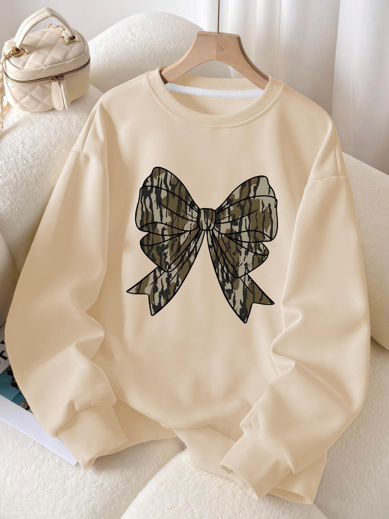 Women's Camo Bow Print Loose Fit Round Neck Sweatshirt, Fall & Winter Sporty Style, Casual Camouflage Pullover Top