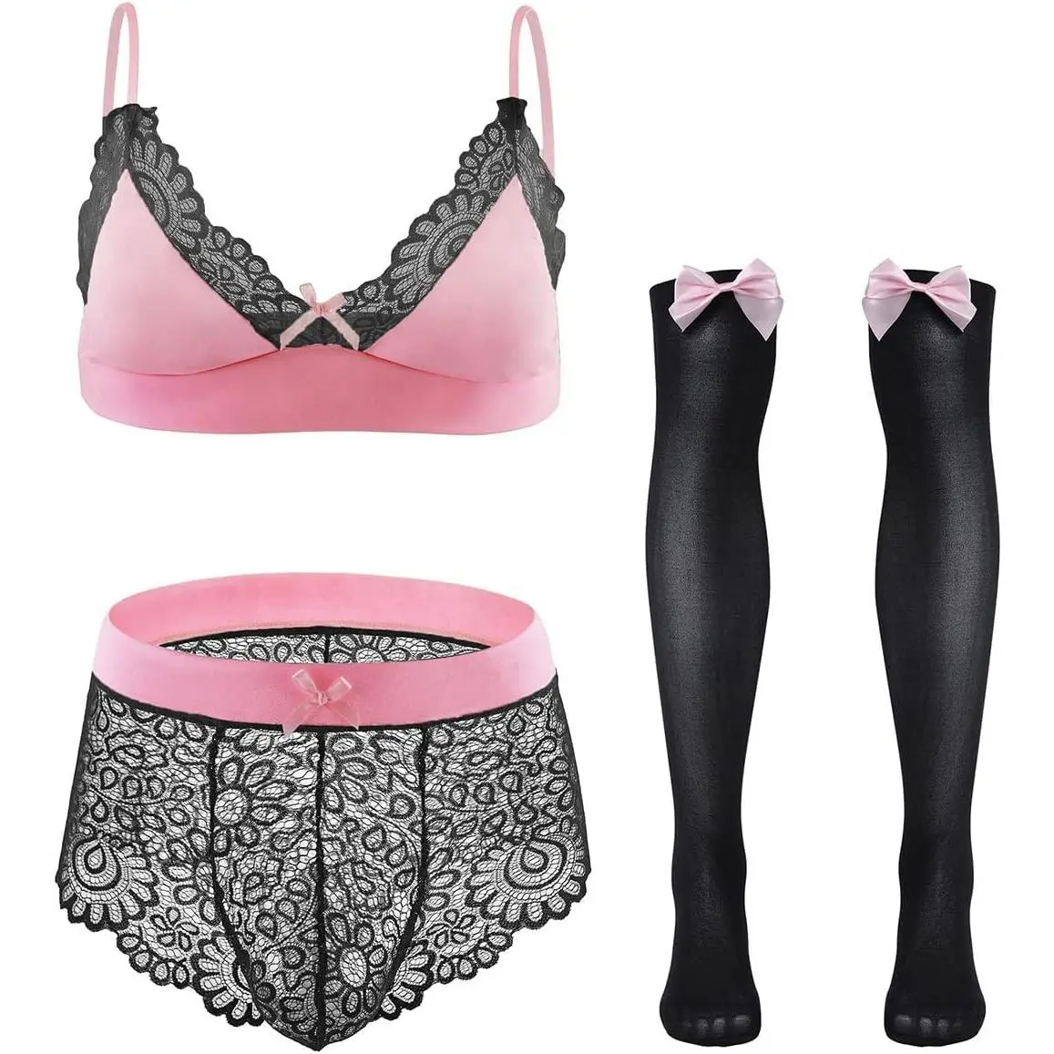 Men Sissy Floral Lace Bra Bikini Panties Bowknot Stockings 3 Piece Nightwear Sleepwear Set