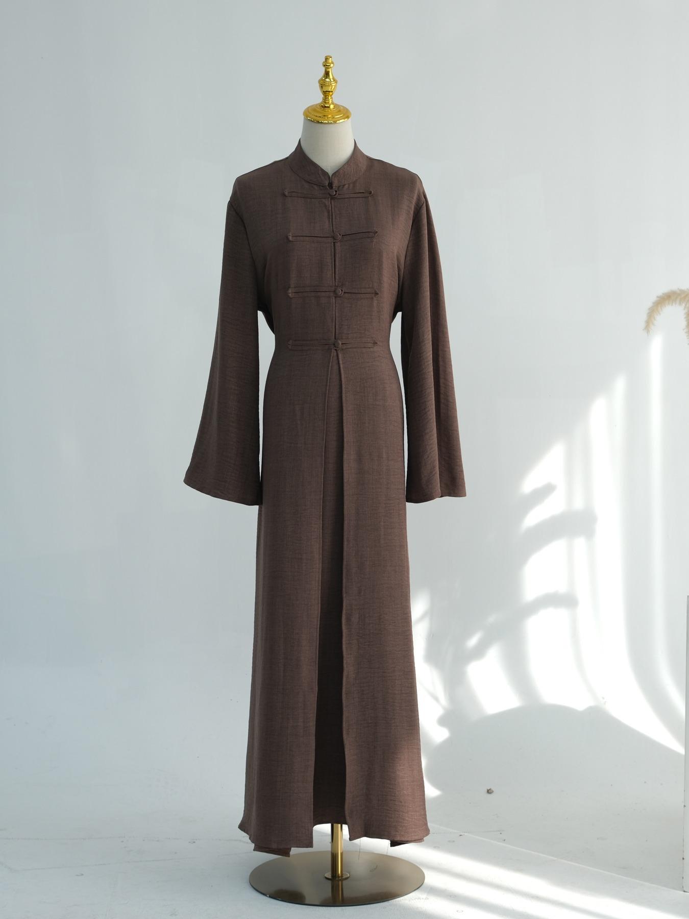 Women's Ramadan Muslim Abaya Solid Color Elegant Cardigan + Long Sleeve Dress Set, Casual Slim-Fitting Two-Piece, Modest Muslim Outfits, No Hijab Included