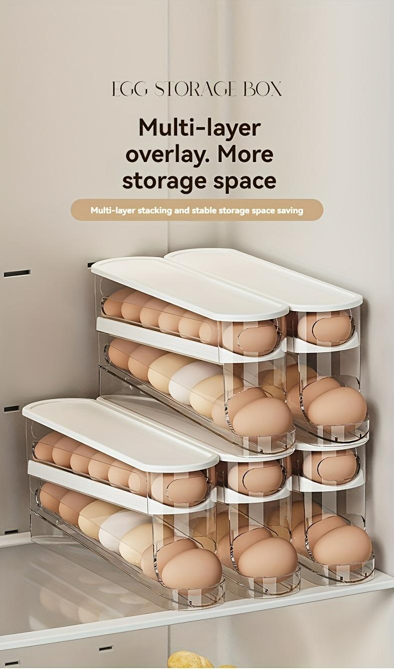 A stackable, adjustable rolling egg rack for refrigerator doors, Stackable Fridge Organizer, Refrigerator Storage, made of durable plastic, can hold 18 eggs, no battery required, suitable for kitchen organization accessories.