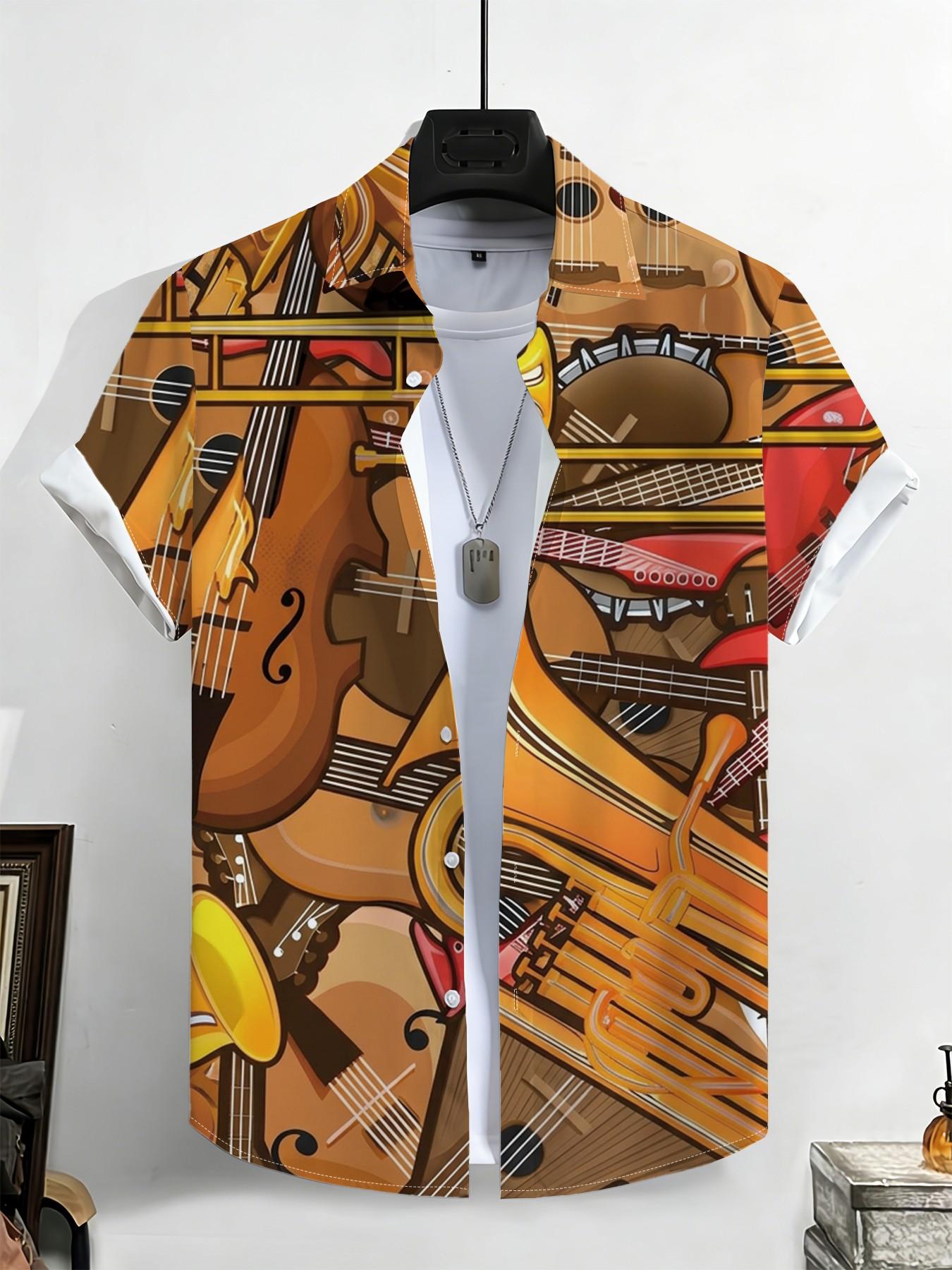 New Summer Men's Short Sleeve Shirt, Vintage Instrument All over Print, Casual Breathable Beach Holiday Hawaiian Shirt