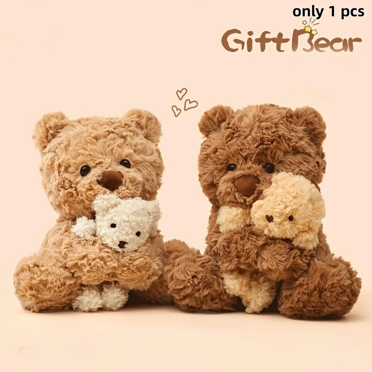 Mom and Baby Teddy Bear Plush Toy, Soft Curly Brown Stuffed Bear with Little Baby Bear, Cute Plushie Gift for Kids Birthday