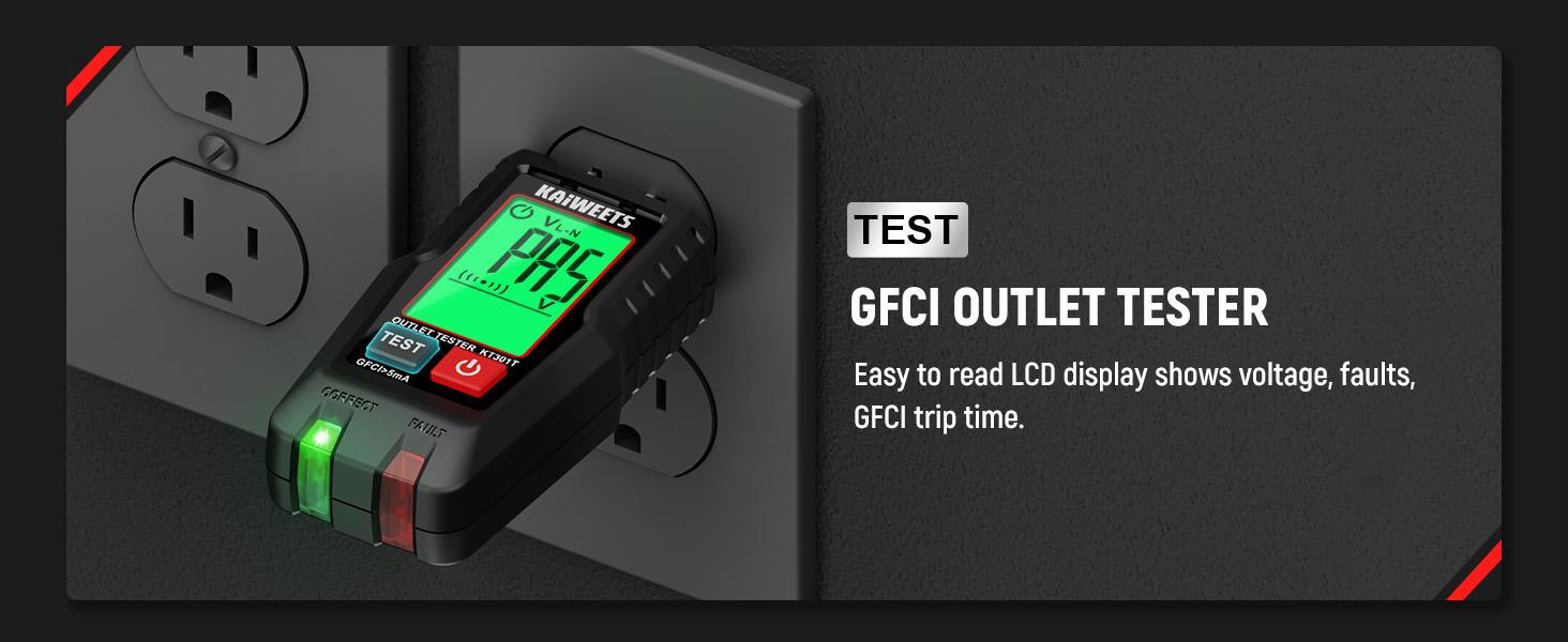 GFCI Outlet Tester with LCD Display, 3-Prong Receptacle Wiring Detector, Voltage Checker, Auto Hold, Diagnostic Tool for 120V AC Home Outlets