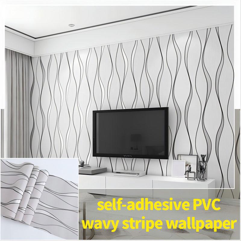 One roll of self-adhesive wavy striped PVC wallpaper, Waterproof decorative wallpaper, easy to install, simply tear and stick, waterproof, removable, easy to clean, and cut to size, suitable for bedroom, living room, TV background wall, decoration