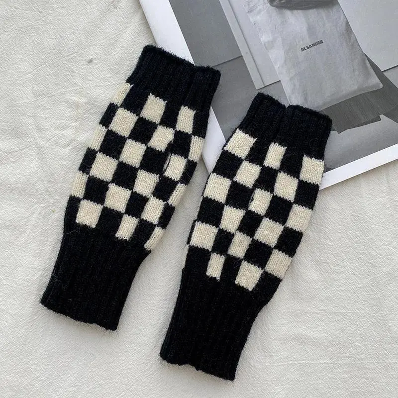 Women's Fashion Hand Warmer Winter Gloves Arm Crochet Warm Fingerless Gloves Plaid Pattern Women's Gloves
