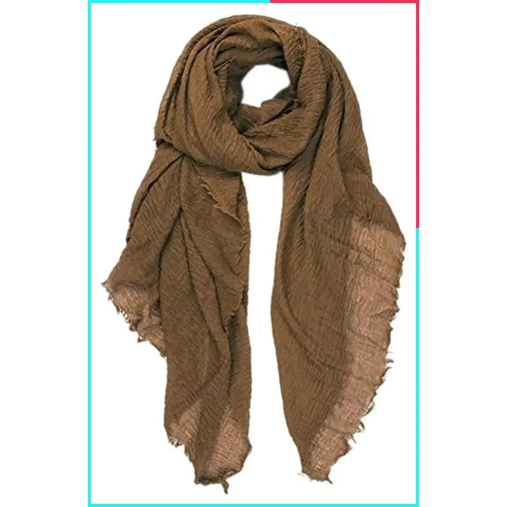 Soft Crinkle Vintage Cotton Blend Scarf with Fringed Edges, 35" x 70" Summer Wrap