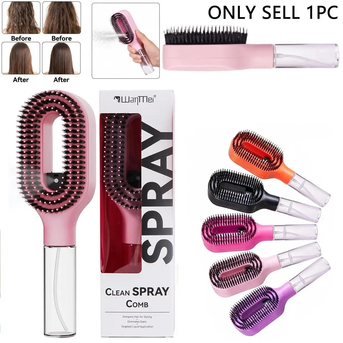 Compact Detangling Brush with Hydrating Mist Spray - Ergonomic, Eco-Friendly Frizz Control Styler for Curly Hair, Travel, and Morning Routines, Detangler Brush, Styling Brush