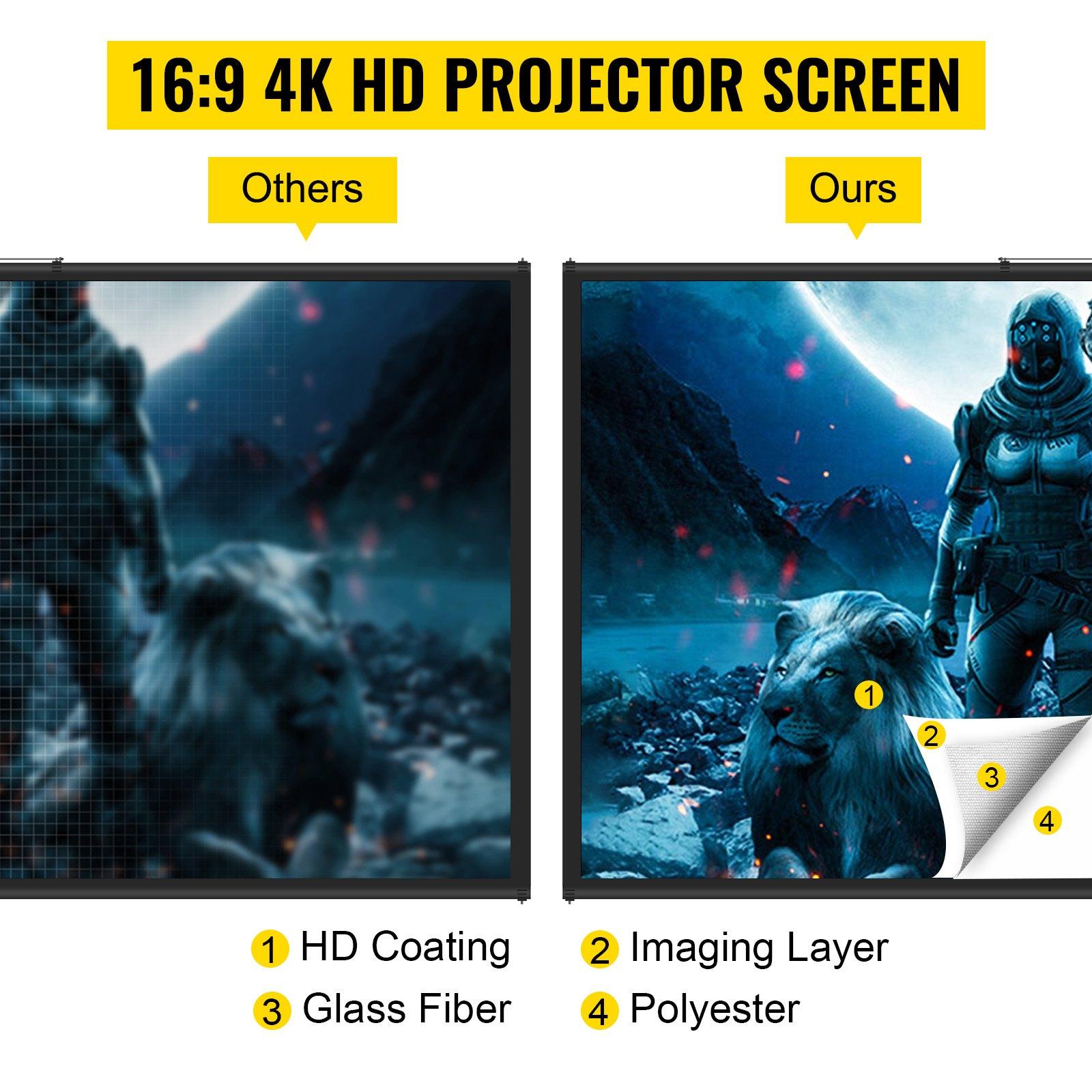 fathersdaygift  VEVOR Tripod Projector Screen with Stand 80 inch 16: 9 4K HD Projection Screen Stand Wrinkle-Free Height Adjustable Portable Screen for Projector Indoor Outdoor for Movie, Home Cinema, Gaming, Office