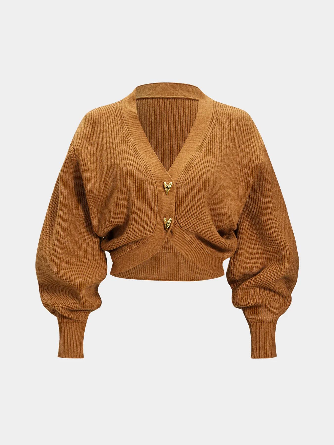 Women's Fall Winter Simple Style Short Cardigan Y-Shaped Metal Button Casual Elegant Waist Cinched Split Sweater Jacket Knitwear