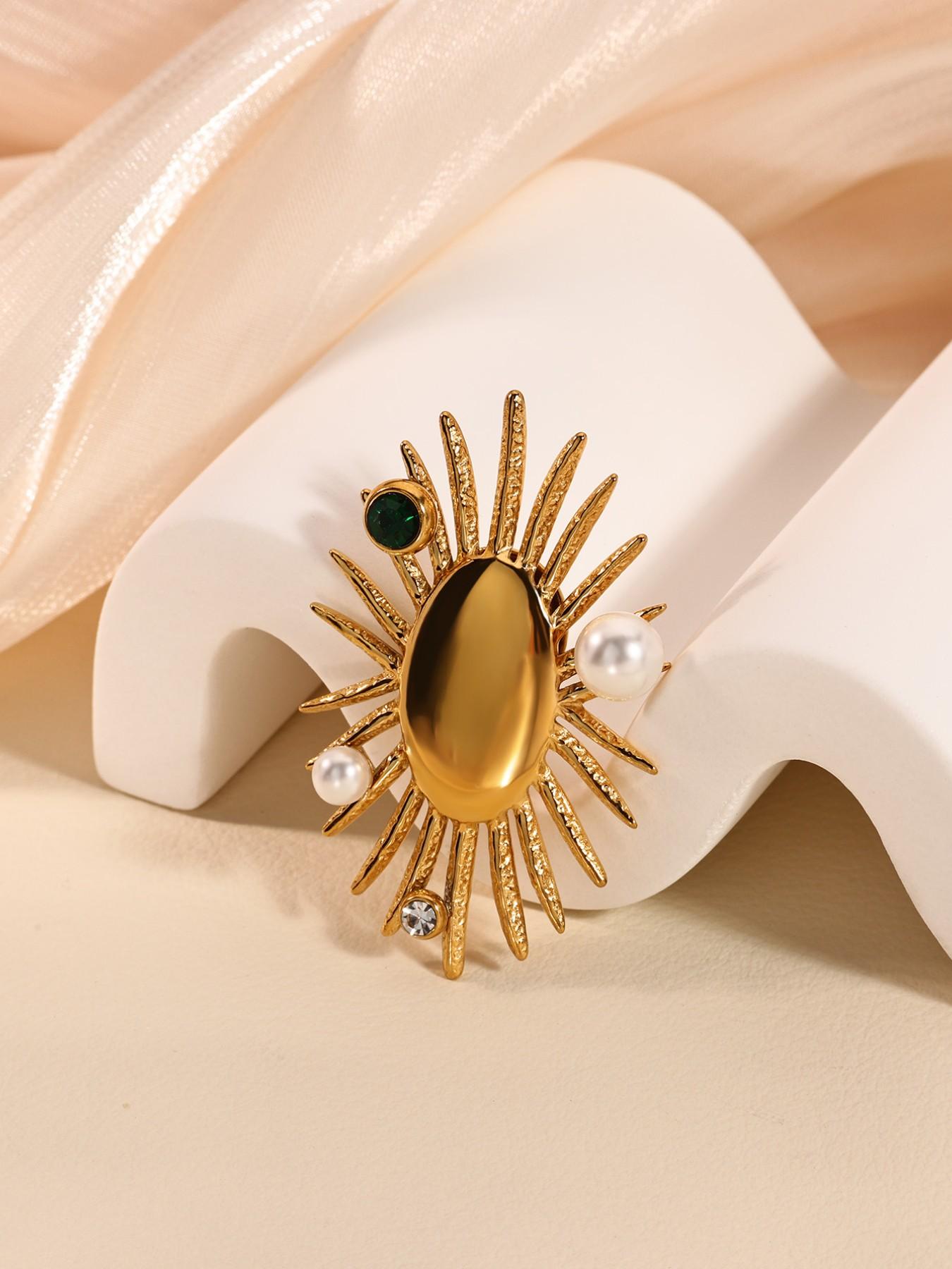 Elegant Pearl-Imitation Oval Sun Brooch, Stainless Steel Waterproof Pin, Perfect Gift for Birthdays, Parties, Weddings, Holidays