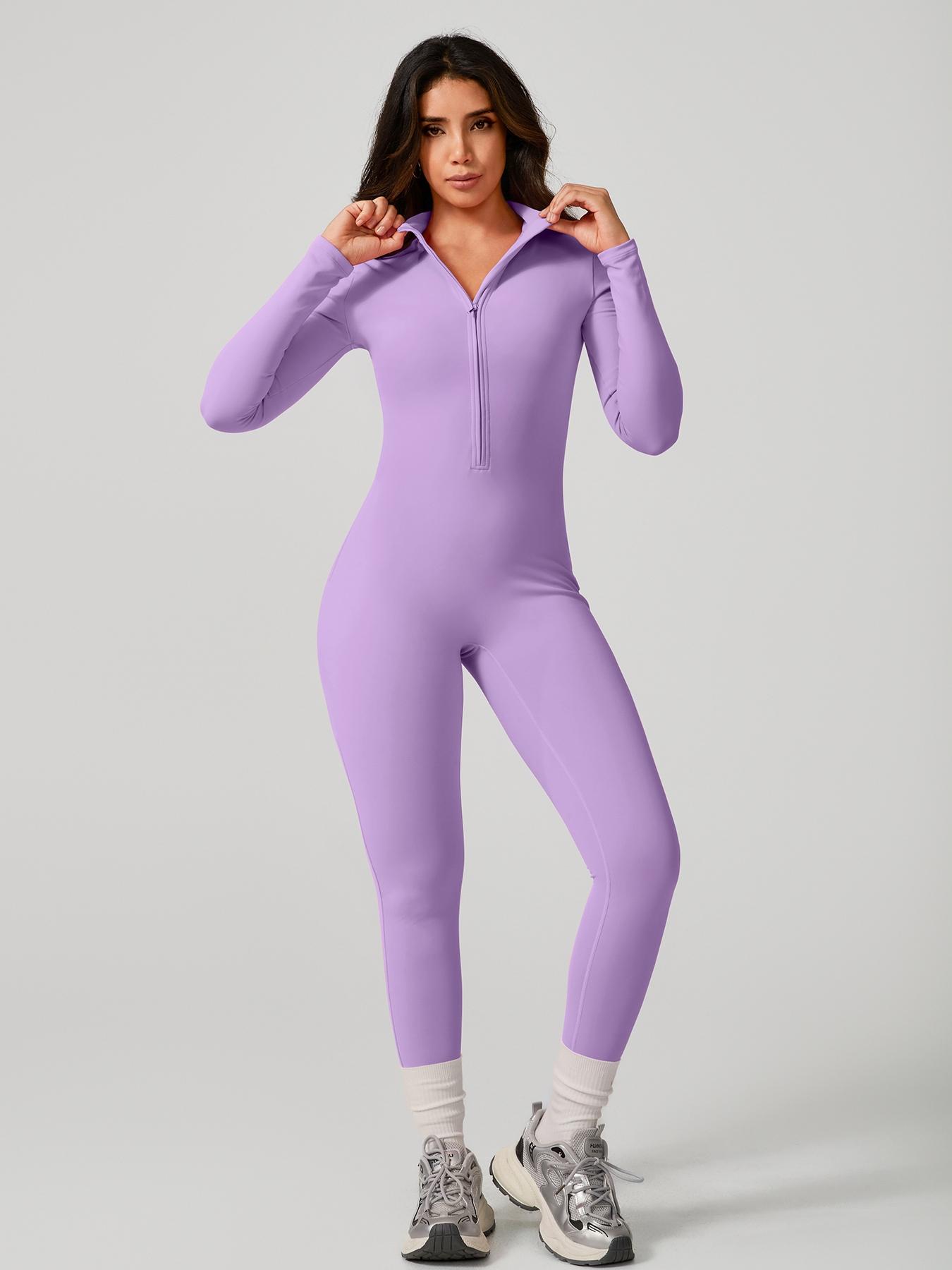 Women's Sporty Tight-Fit Long Sleeve Workout Jumpsuit, Plain Pattern, Fleece Lined, Half-Zipper Design, Fall & Winter Yoga Gym
