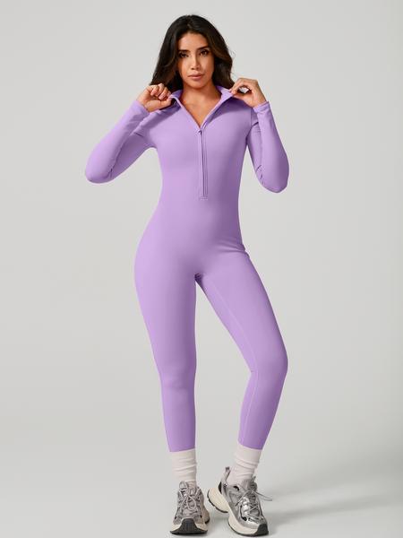 Women's Sporty Tight-Fit Long Sleeve Workout Jumpsuit, Plain Pattern, Fleece Lined, Half-Zipper Design, Fall & Winter Yoga Gym