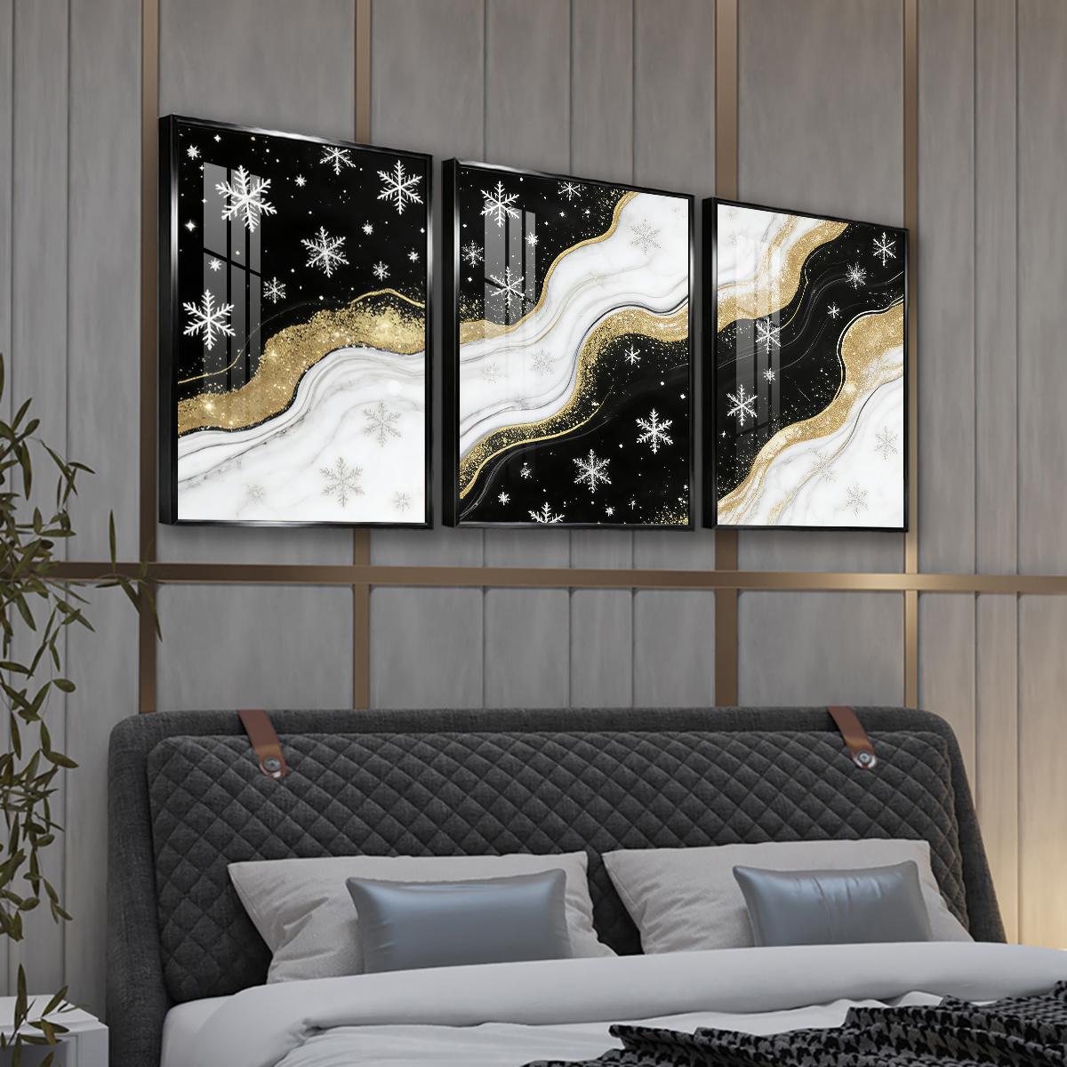 3 Counts Aluminum Alloy Framed Painting, Black White And Gold Snowflake Abstract Art Pictures, Home Decoration For Living Room, Bedroom, Office, Restaurant, Hallway Wall Decor, Odorless Print Artwork, Luxury Perfect Gift For Friends And Family