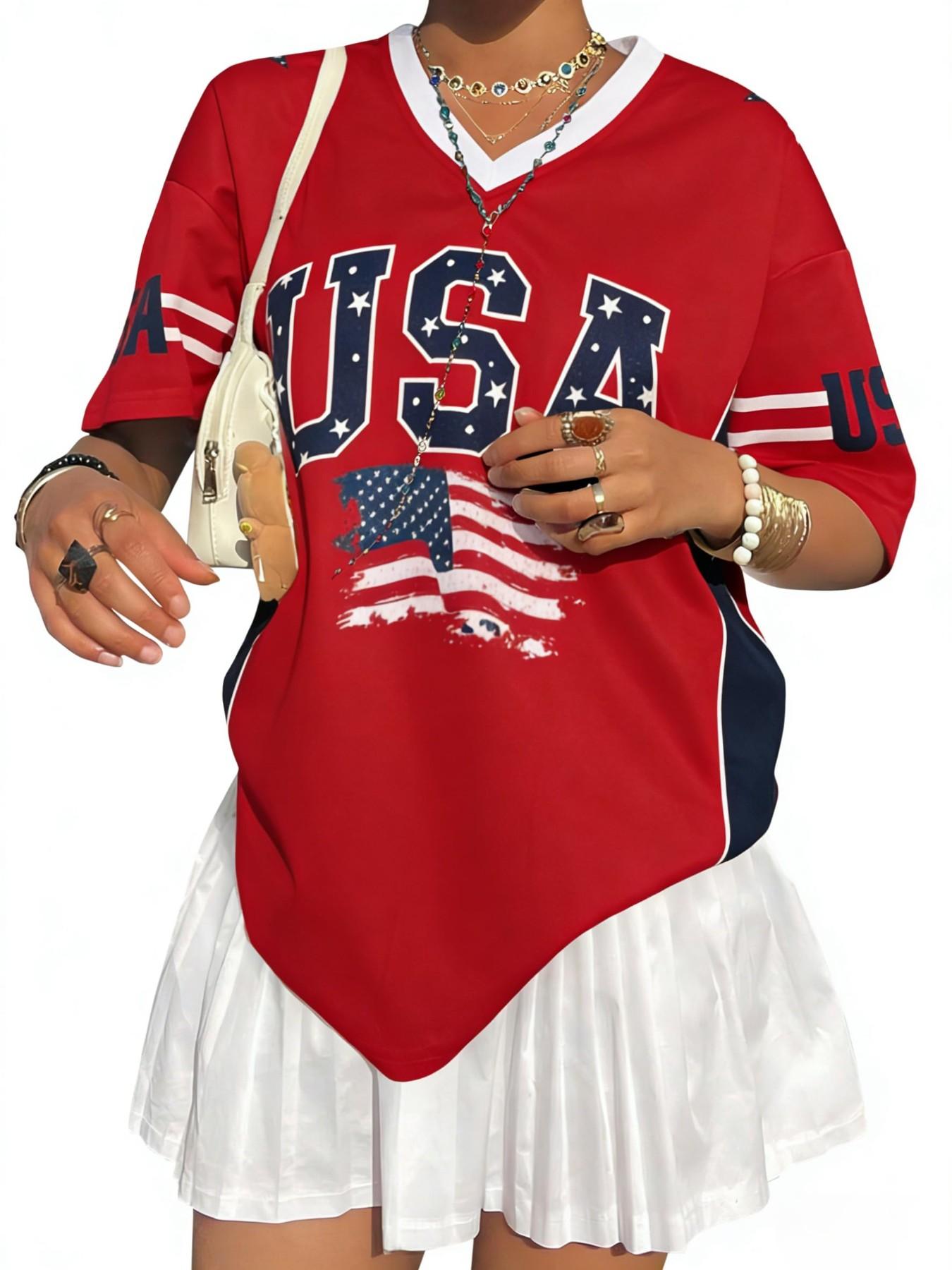 Women USA American Flag Striped Graphic V Neck Sleeves Lightweight Jersey Loose Fitting Irregular Hem T Shirt Y2K Independence Day Casual Summer Top