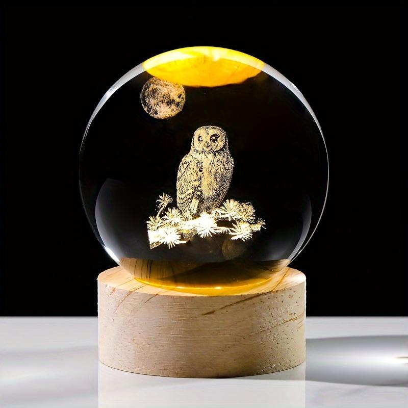 1pc Modern Glass Owl 2.3 In Glass Ball with Wood Base - USB-Powered Decorative Ambiance Lighting, Freestanding Tabletop Statue, Adjustable Toggle Control, Polished Finish, for Bedroom, Ideal Mother's Day Gift