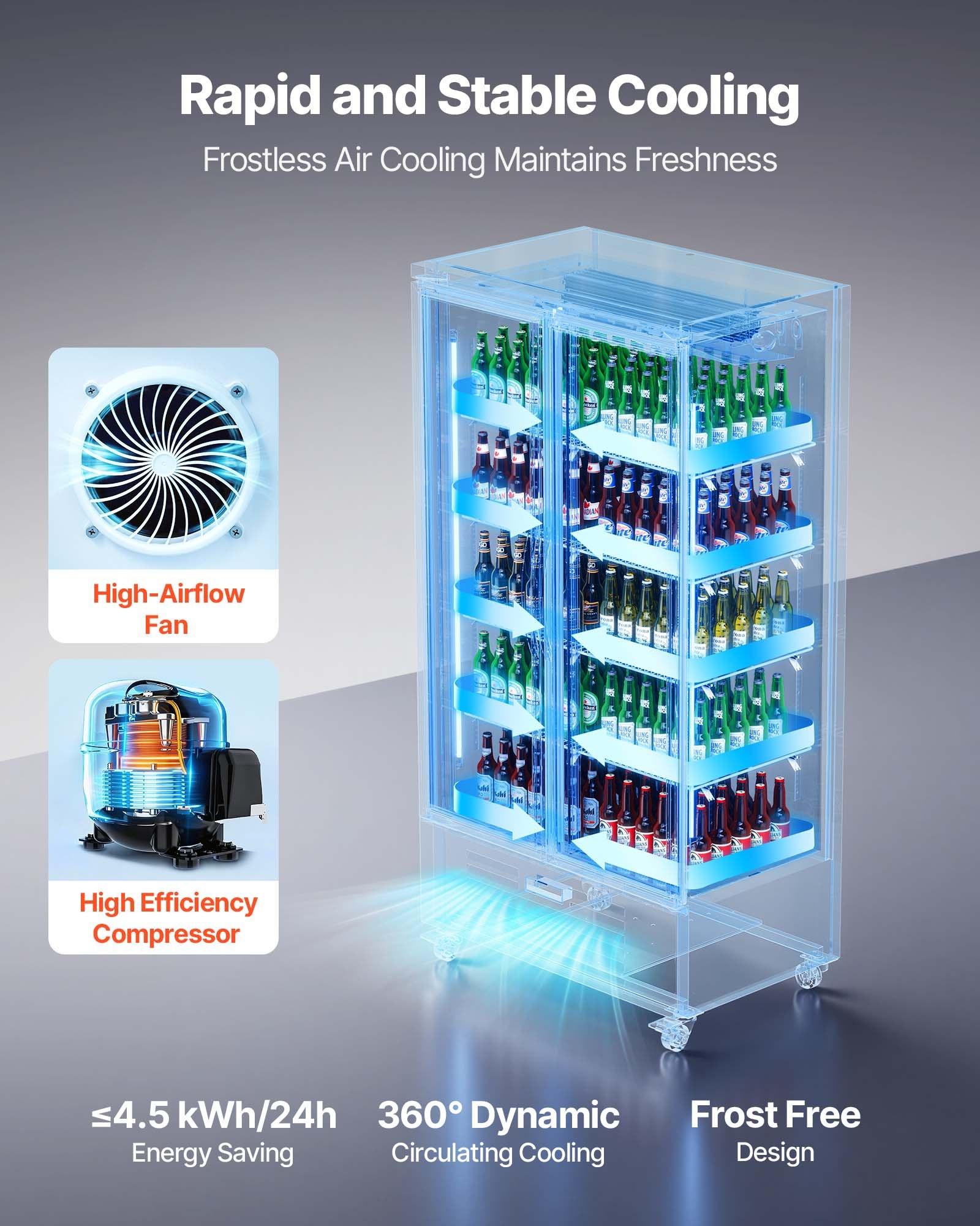 VEVOR Commercial Merchandiser Refrigerator - 24.9 Cu. Ft/705L Upright Beverage Cooler with Glass Doors, 5 Adjustable Shelves, Soft LEDs, Casters, Upright Freezer for Bars, Supermarkets