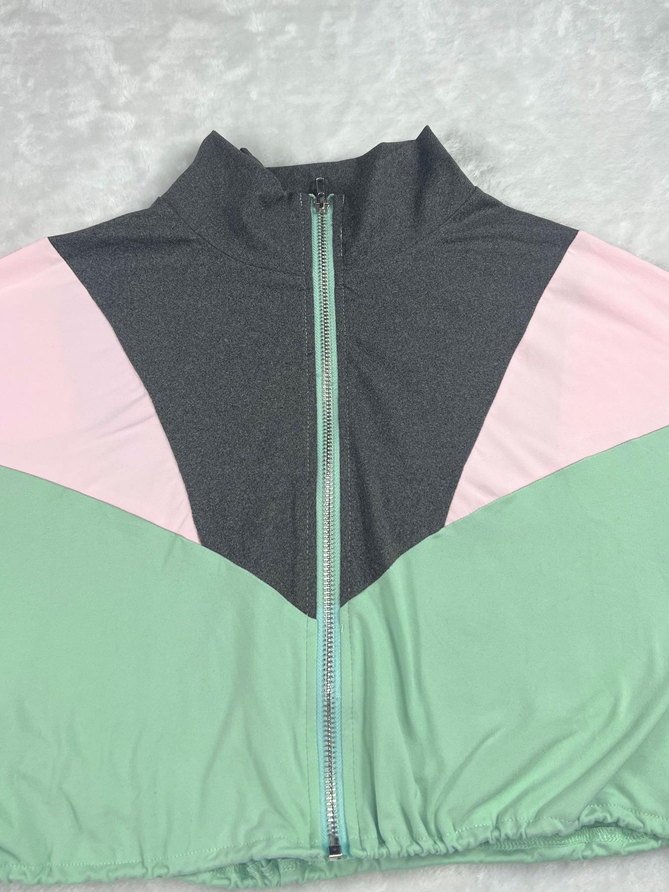 No Pants Included, Women's Patchwork Casual Long Sleeve Jacket, Zipper Drawstring Sportswear, Fitted All Seasons Outerwear, Athletic Jackets, Zip Up Jackets