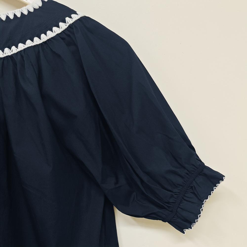 SageVell 100% Cotton Navy Blue Embroidered Blouse with Round Collar & Ruffled Sleeve Tops, Womenswear Casual Style Shirt Fabric Medium Shortsleeve Fitted Crewneck SpringStatements