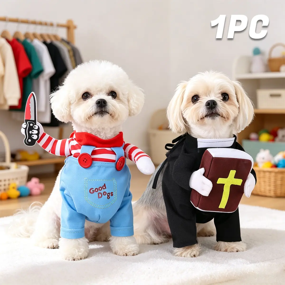 Halloween Pet Costume, Puppy Costume, Killer Knife & Priest Book Themes, Fun Cartoon Embroidery, Breathable Fabric, Fits Bulldogs, Teddy Bears, Cats