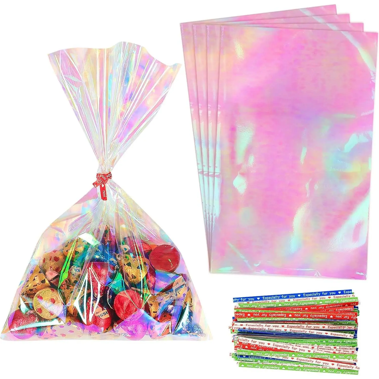 120pcs Iridescent Shiny Cellophane Treat Bags with Tied Tops, 6x9in Holographic Plastic Goody Bags for Parties, Small Gifts