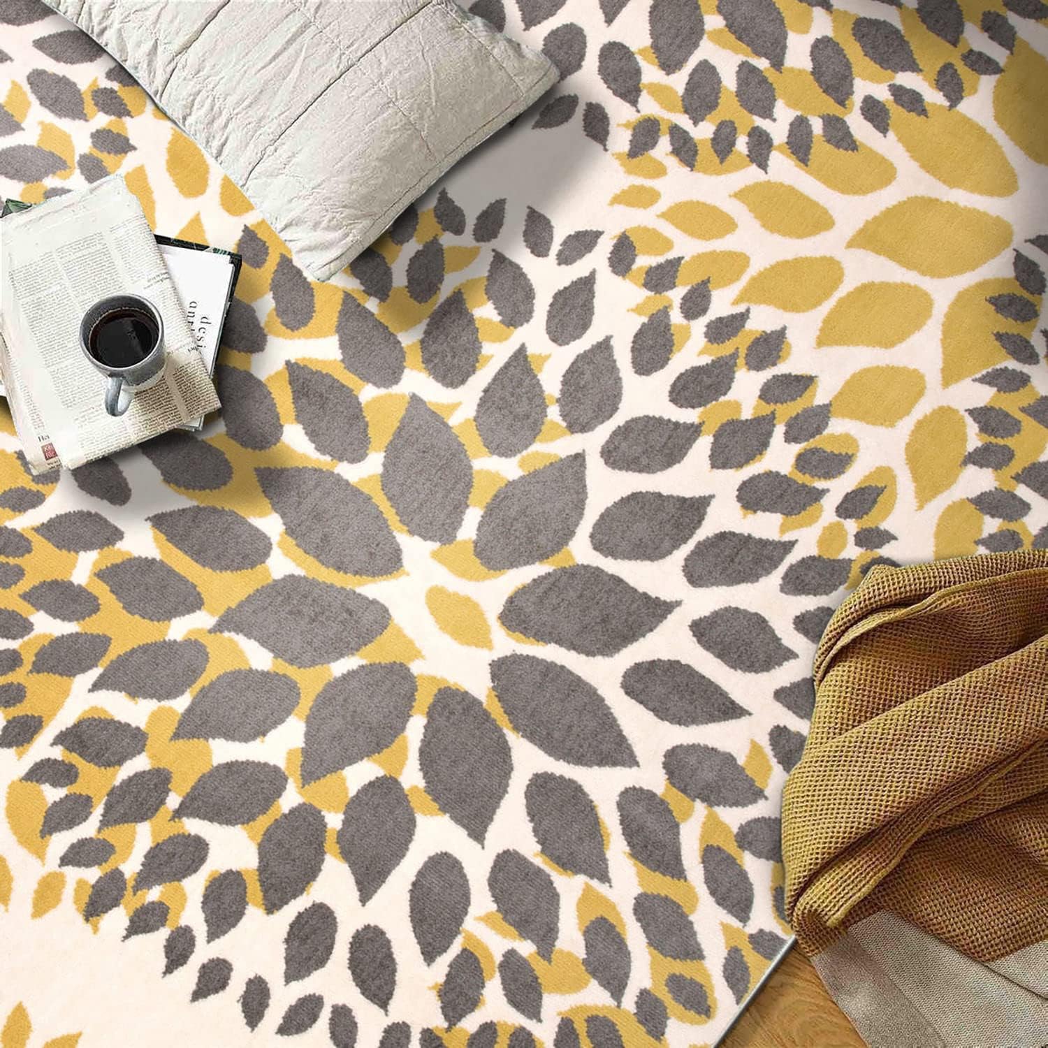 Modern Abstract Leaf Print Flannel Area Rug - Yellow Grey Contemporary Botanical Print Soft Mat for Living Room, Non-Slip Minimalist Home Decor#AbstractLeafRug #BotanicalPrintMat #MinimalistHomeDecor #YellowGreyCarpet #NonSlipFlannelRug