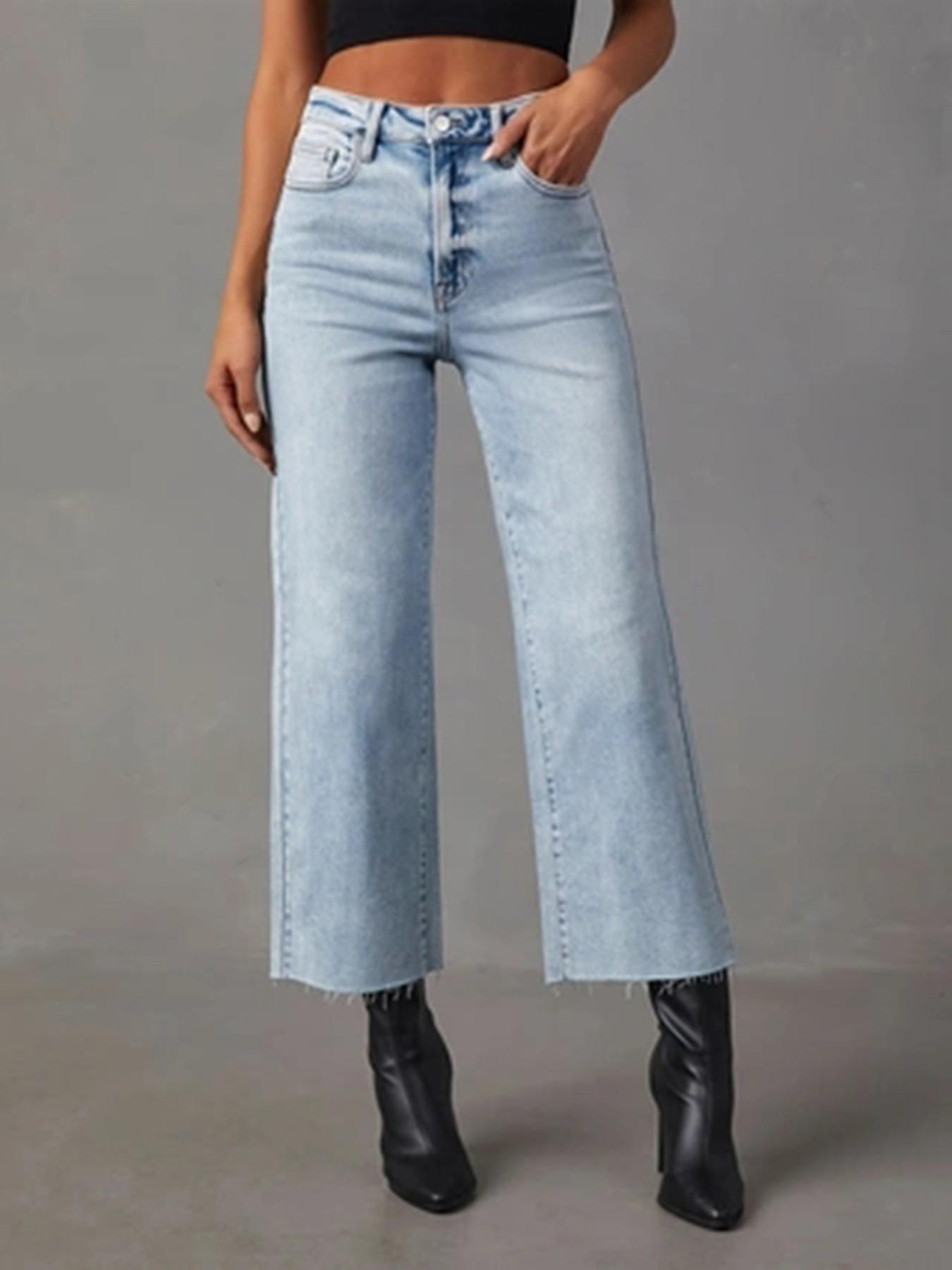 Women's Straight Leg Light Wash Jeans, Elastic Fabric, Mid Waist, Tummy Control, Daily Commute Wear, Comfortable and Stylish Denim Jeans