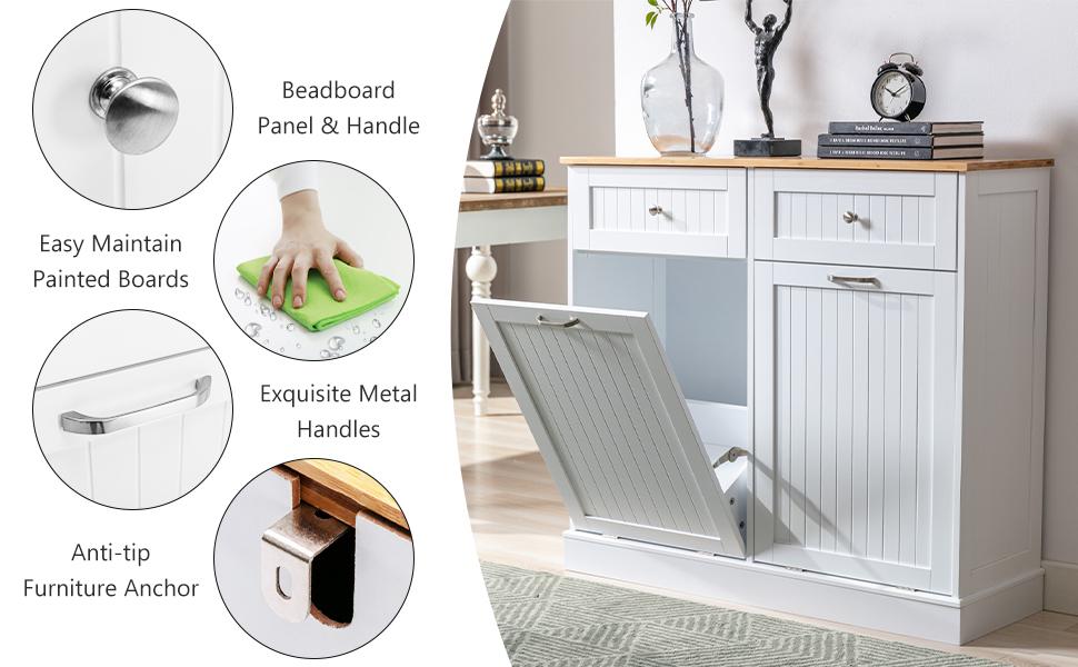 Double Trash Cabinet Tilt Out 20 Gallon, Pet Proof Kitchen Trash Cabinet Laundry Hamper with Cutting Board, Wood Garbage Recycling Station Hideaway Trash Holder Drawers (White)（Black）(Grey)