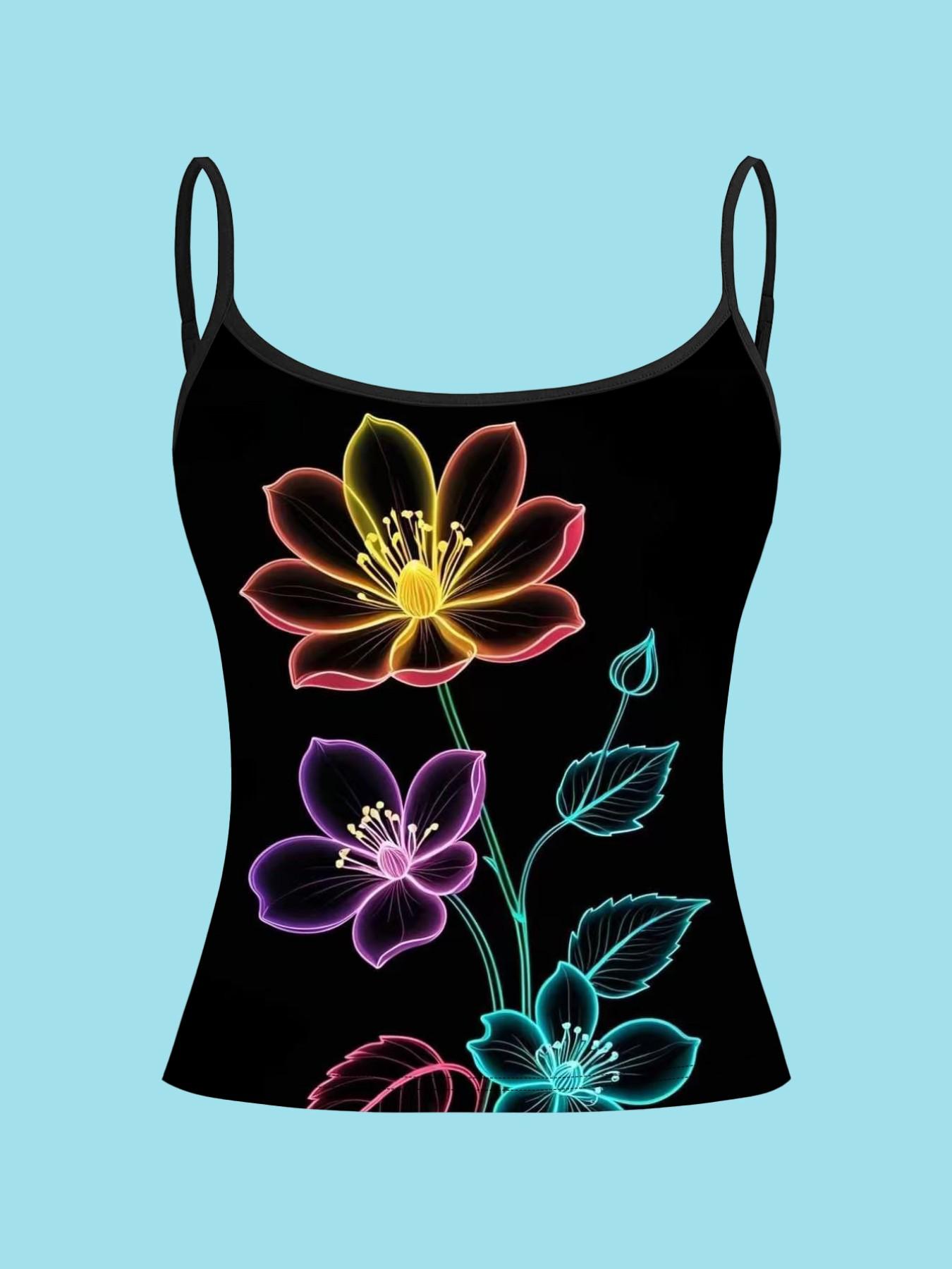 Neon Fluorescent Floral Print Strappy Top, Cyberpunk Slim-Fitting Shirt, 4-Piece Set, Casual Style, All over Print, Fashionable Clothing