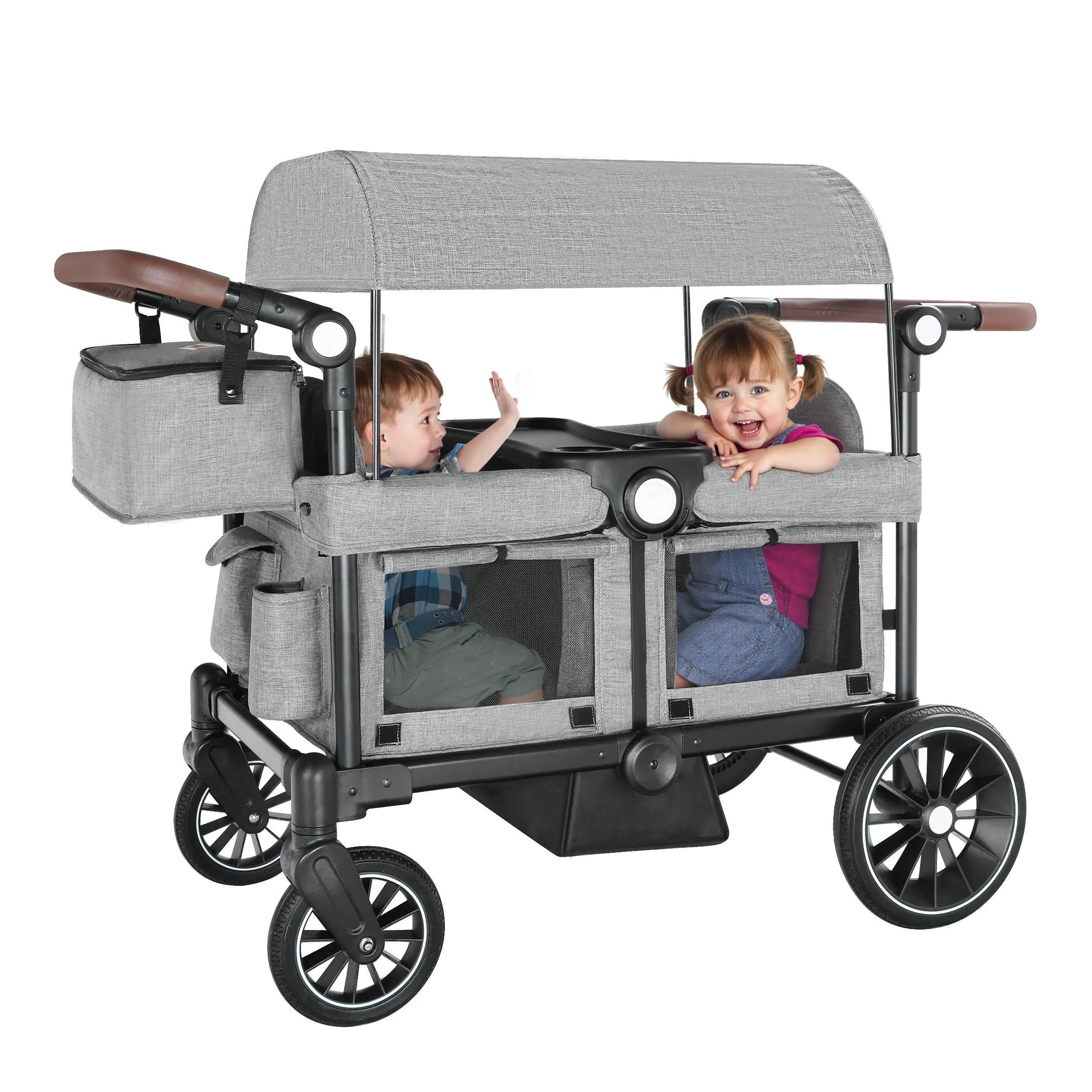 Springtok Kinder King Folding wagon Stroller for 2 Kids,Convert to Newborn Bassinet, 2 Seater w/RemovableCanopy, Adjustable Handle, All-Terrain Shock-AbsorbingWheel, Detachable Tray, Diaper Bag