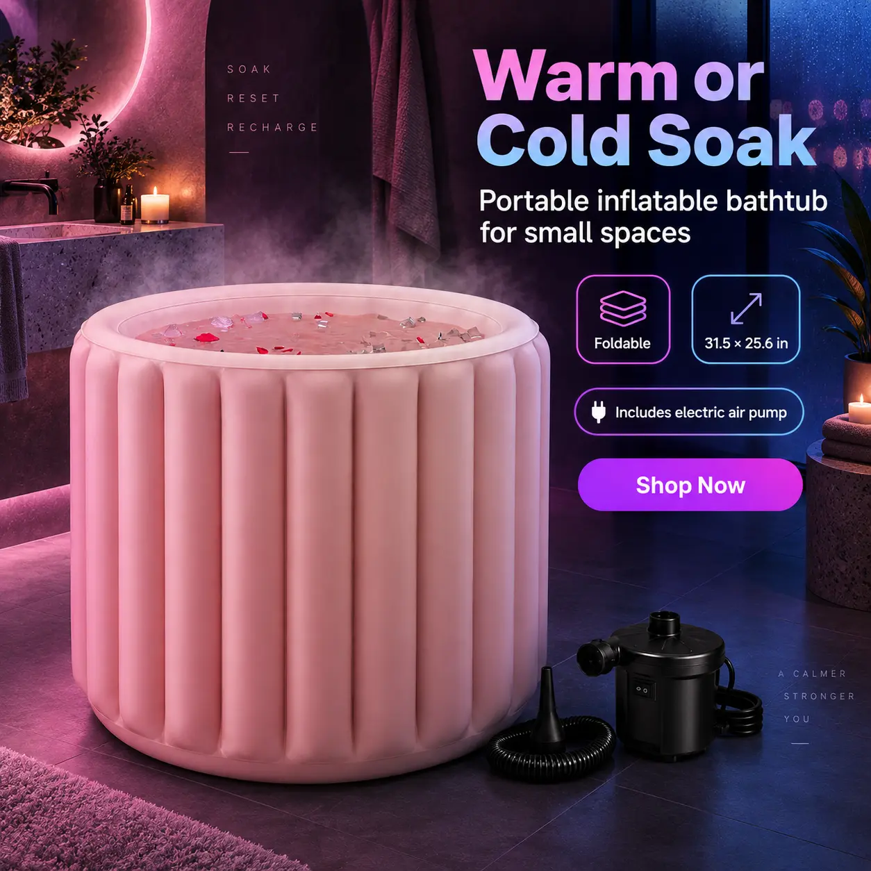 Portable Inflatable Bathtub for Adults with Electric Air Pump, Foldable Soaking Tub for Small Bathrooms and Shower Stalls, 31.5 x 25.6 in