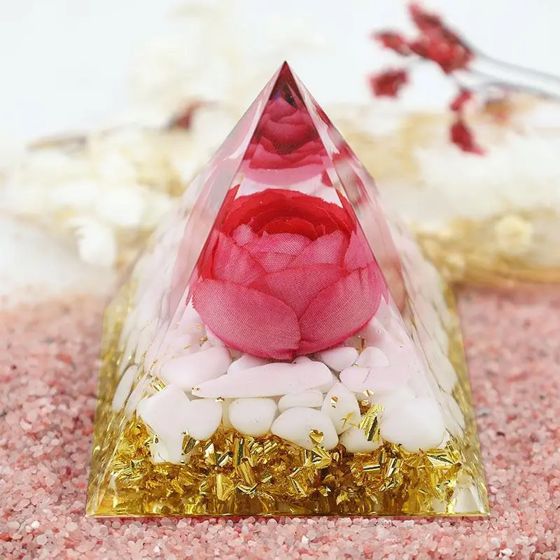 Buddha Lotus Orgone Pyramid, Crystal Chips Epoxy Resin Orgonite Pyramid Statue, Handmade Buddhist Figurine Desk Ornament, Aura Energy Healing Home Decor, Religious Spiritual Yoga Gift
