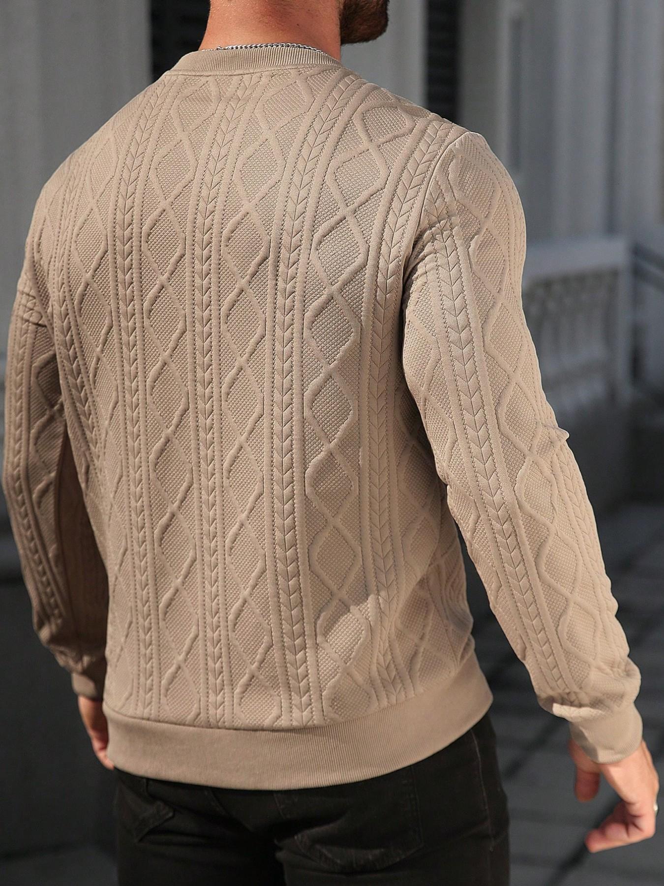 2026 Trendy Men's Beige Cable Knit Diamond Pattern Sweatshirt Long Sleeves | Slim-Fit Stylish Casual Pullover for Daily & Street Wear