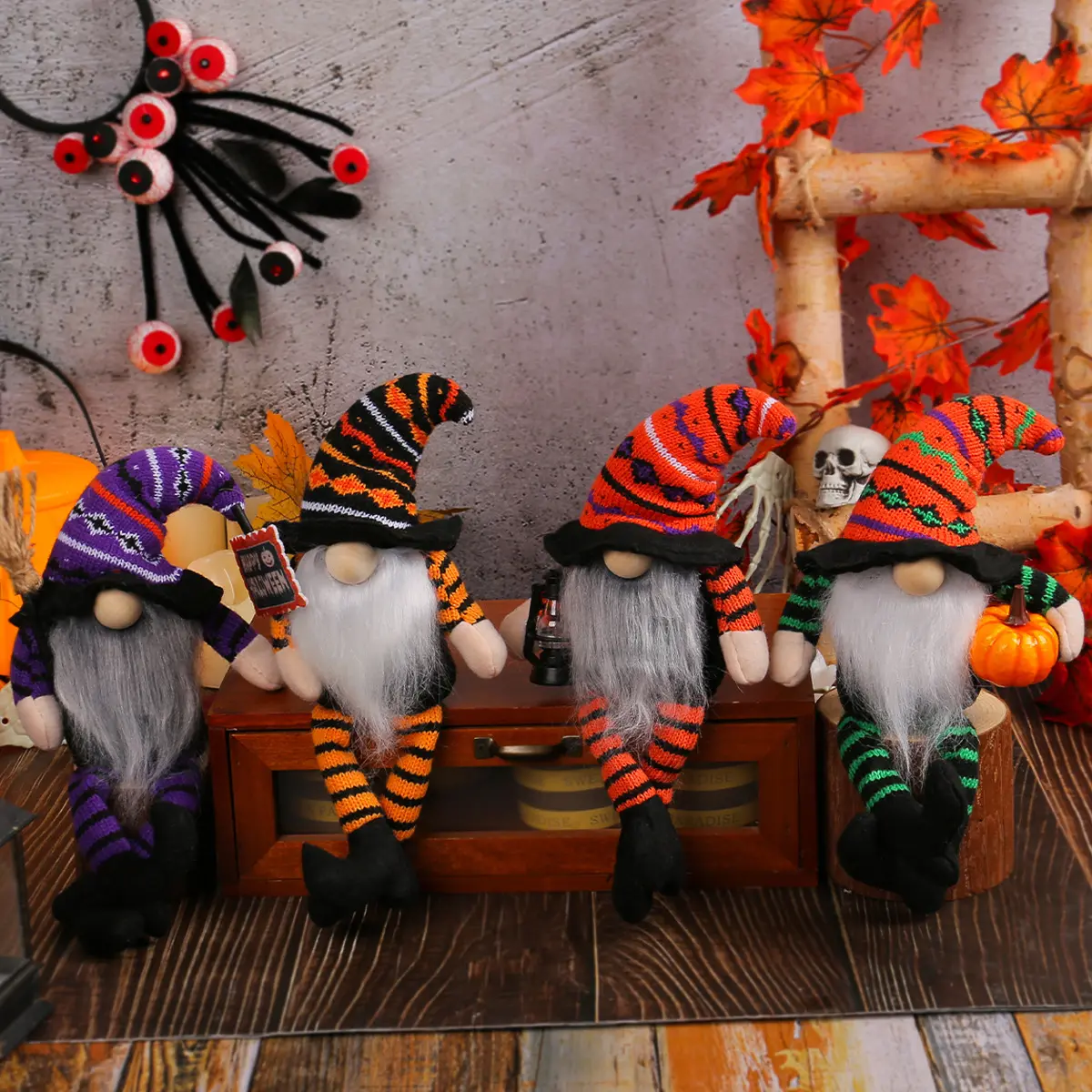 Striped Long Leg Faceless Doll Witch Hat Broom Doll Halloween Scene Decor Ornament Prop