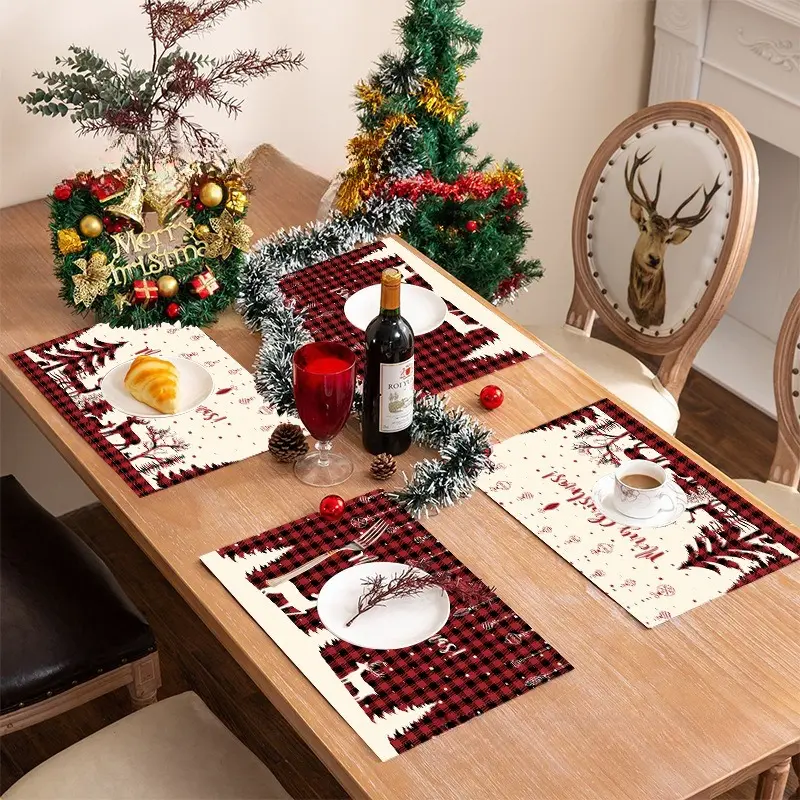 Christmas Santa Linen Placemats Set, Stain & Heat Resistant Xmas Dining Table Decor