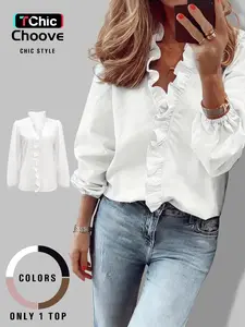 Women's Elegant V Neck Blouse with Ruffles, Loose-Fit Woven Shirt for All Seasons, Plain Pattern Casual Top for Office Wear