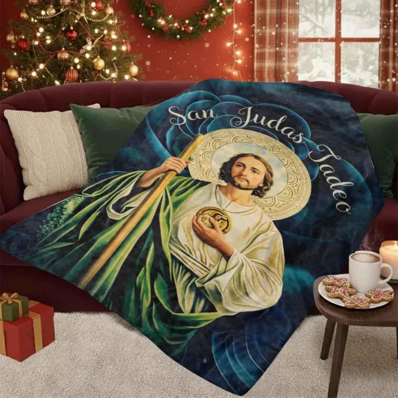 Blessed San Judas Tadeo Art Flannel Blanket Soft Fleece Throw Blanket for Bed Sofa Couch Cozy Warm Faith Inspired Religious Prayer Blanket Lounge Essential Home Decor Gift for Birthday Christmas Easter