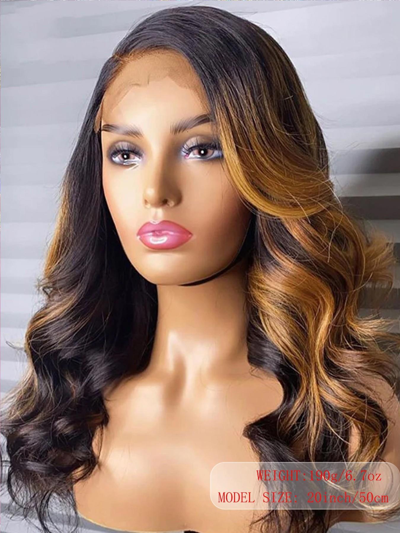 13x4 HD Lace Front Human Hair Wigs Body Wave Glueless Pre Plucked Natural Hairline with Baby Hair 20 Inch 180% Density Natural Black 1B With Blonde Highlights Ombre Mixed Color Wavy Hair for Women Daily Party Wear