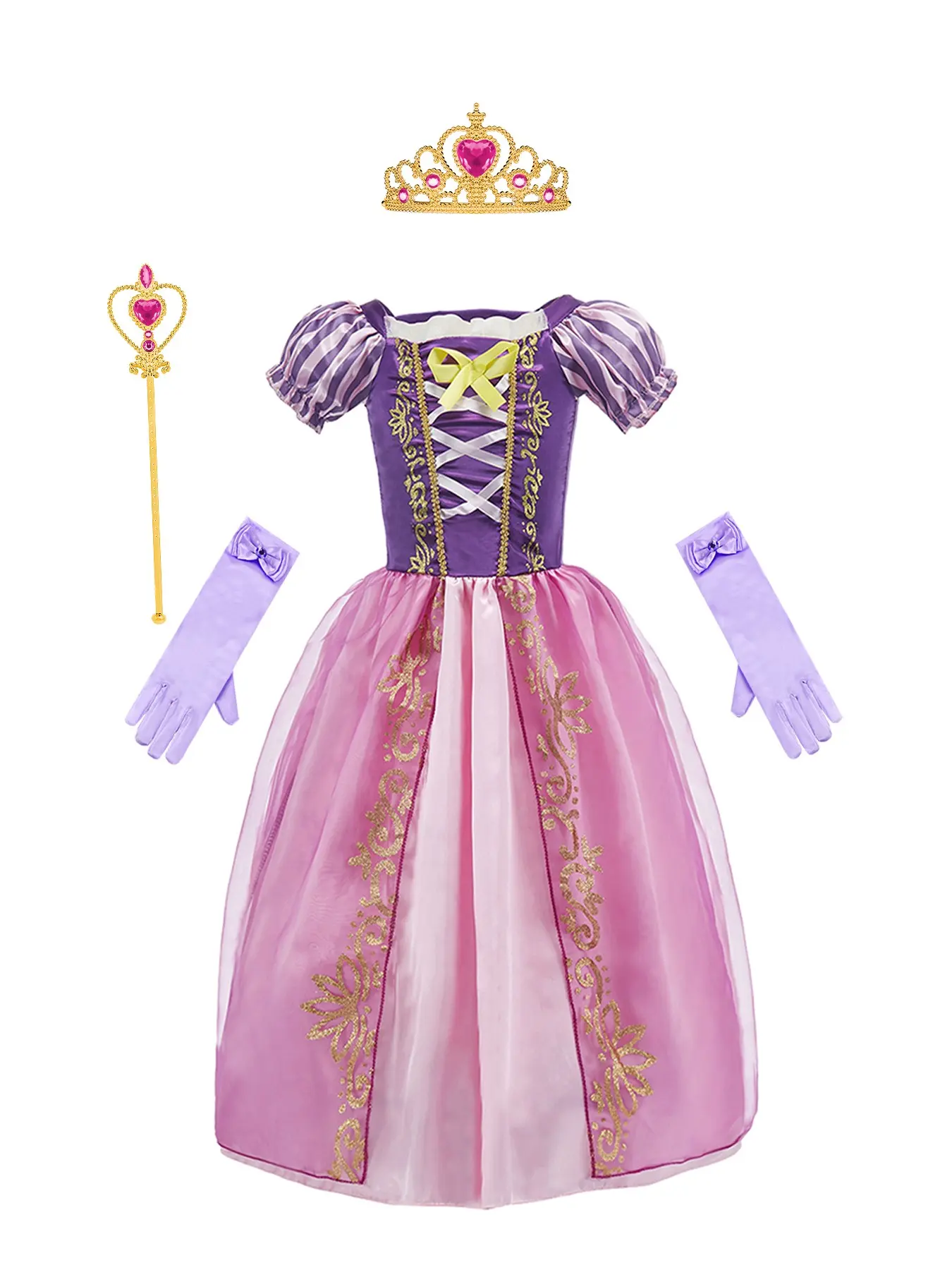 Girls' Vintage Floral Dress Set with Gloves, Lavender Princess, Halloween, Christmas, Carnival, Role Play, 5-Piece Set