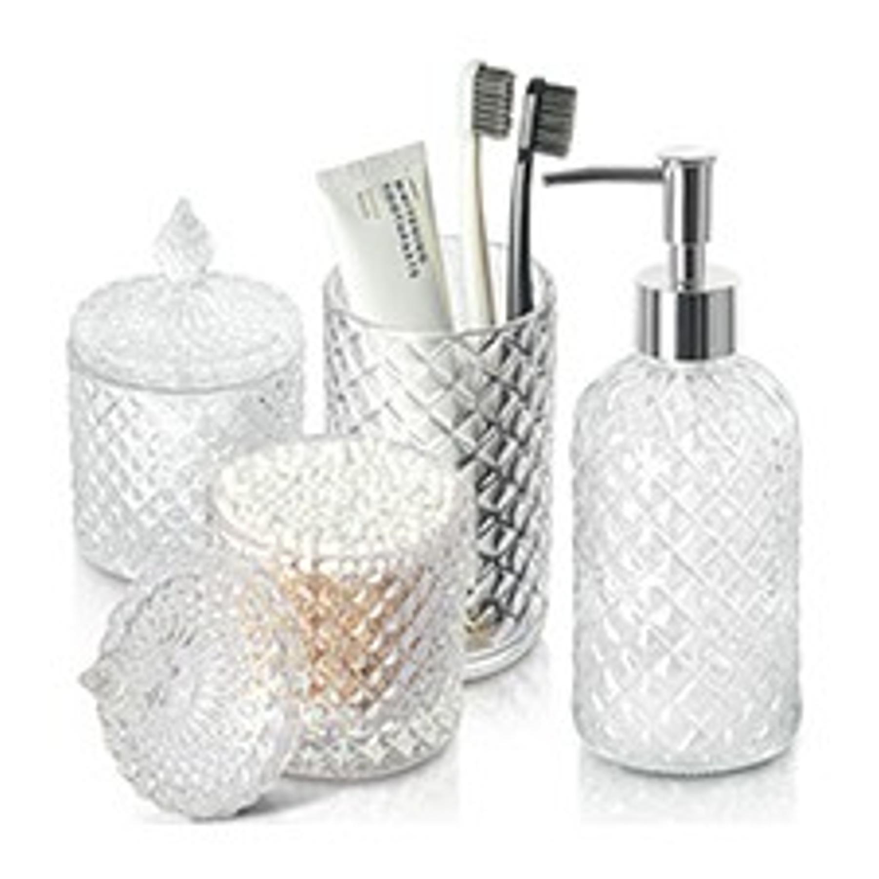 4-Piece Ribbed Glass Bathroom Accessory Set - Silver Modern Counter Decor with Soap Dispenser, Toothbrush Holder, and 2 Qtip Holders, Four Pieces