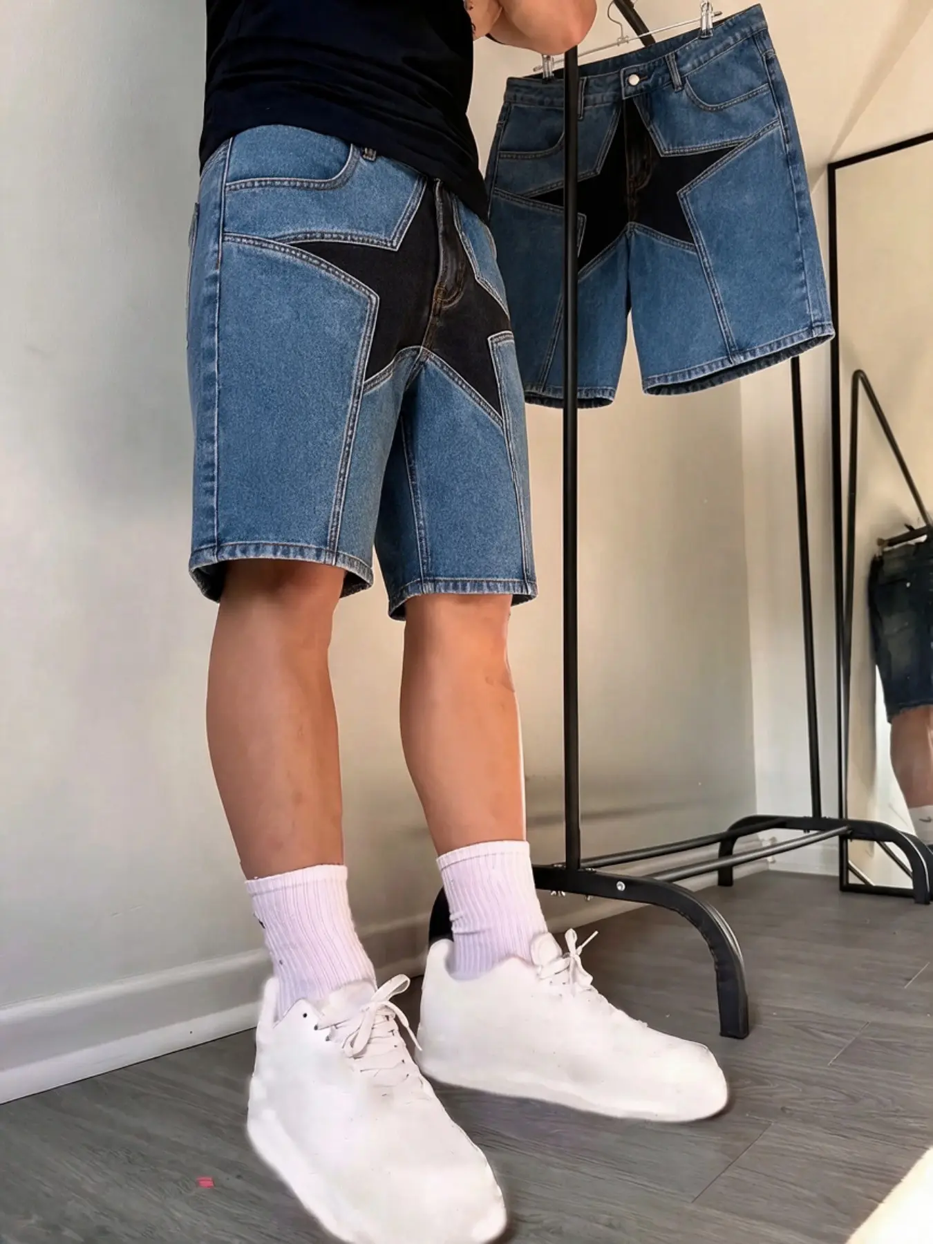 Men's American Street Style Denim Shorts, Streetwear, Star Patchwork, Blue Colorblock, Loose Fit, Summer Breathable, Trendy Y2K Fashion