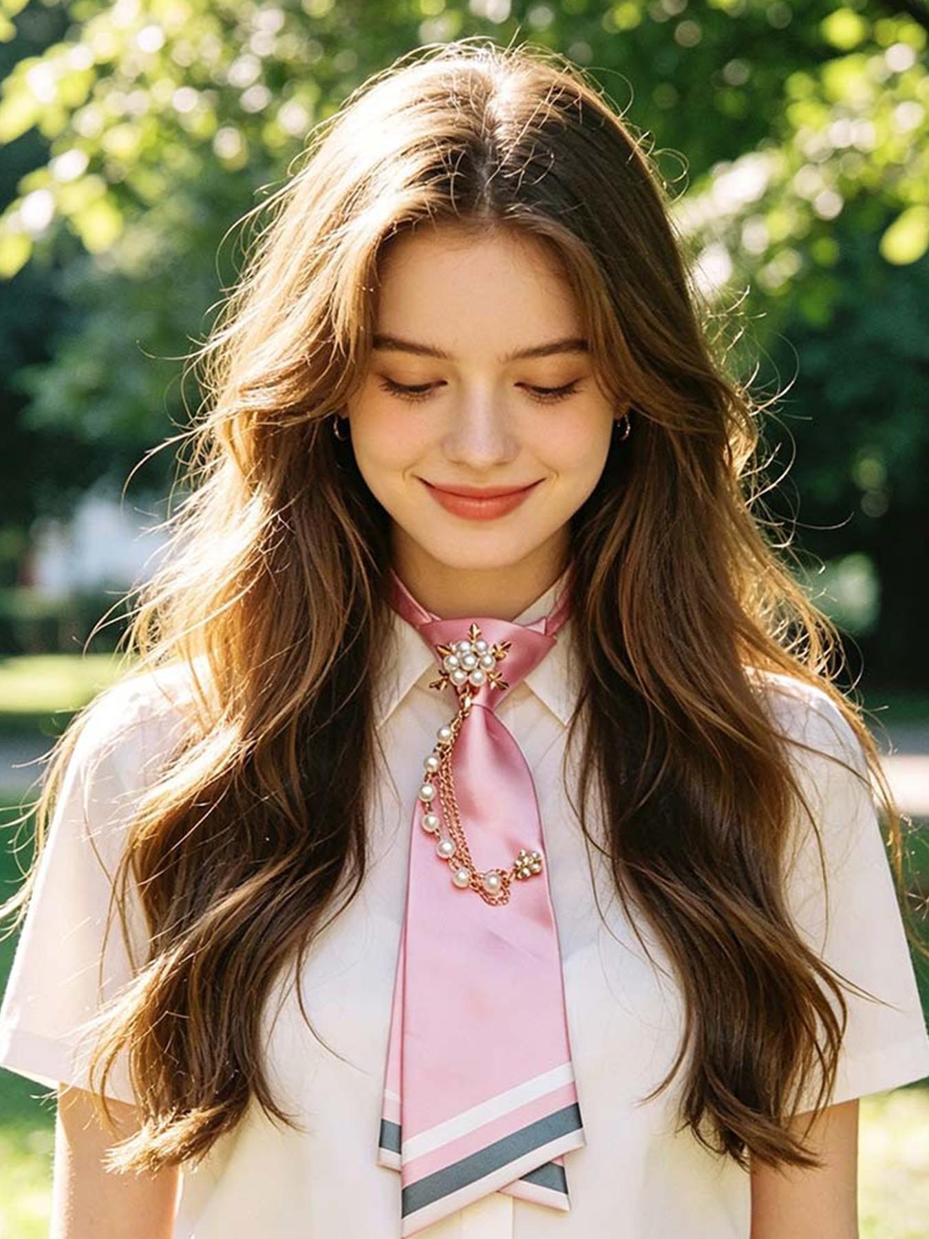 Pre-Tied Casual Elegant Tie - Smooth Satin Necktie with Imitation Pearl & Metal Accents, School Uniform & Classic Shirt Match, Ideal for Graduation & Formal Occasions