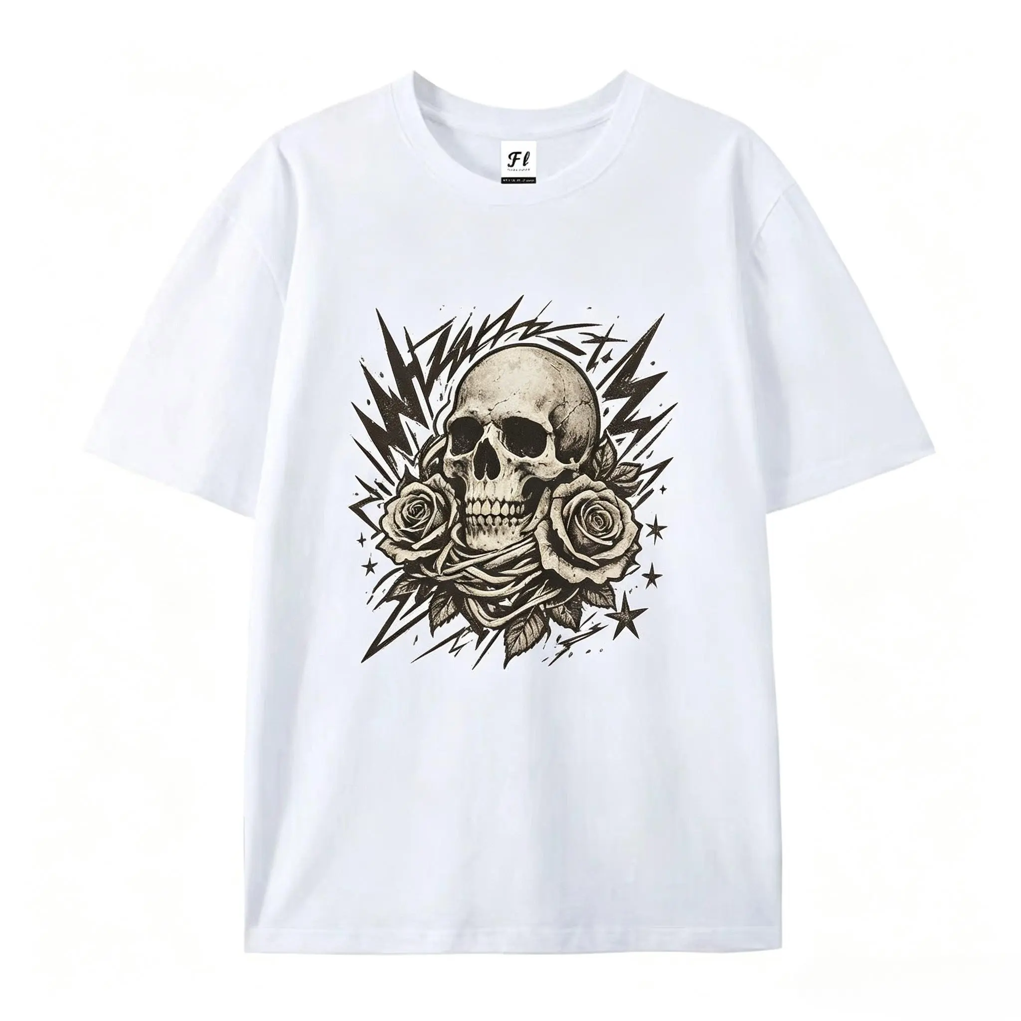 Grunge Vintage Cotton Graphic Tee, Skull Rose Lightning Old School Tattoo Print T Shirt, Gothic Punk Streetwear For Teens