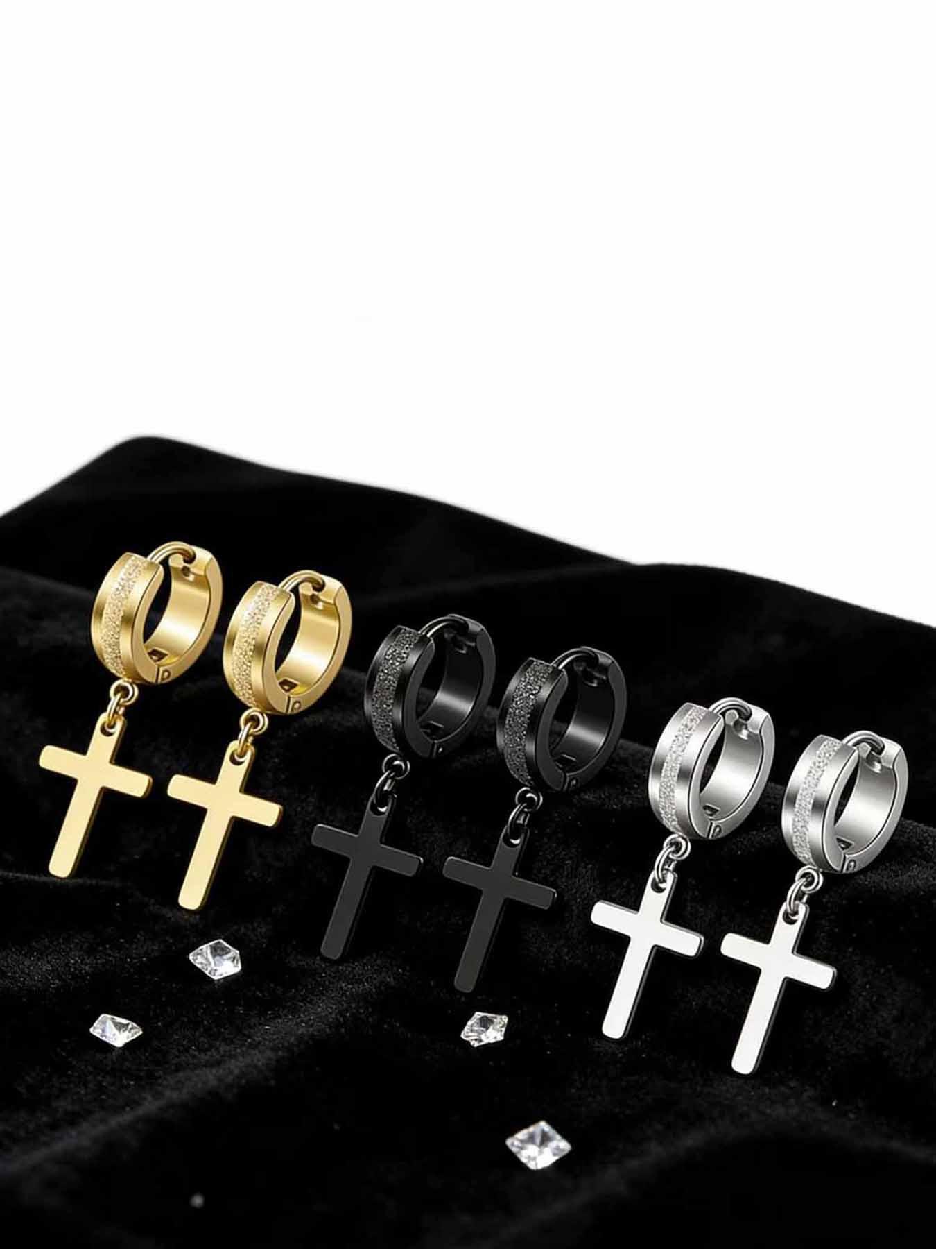 3 Pairs High-End Matte Finish Earrings, Cross Pendant Studs, 304 Stainless Steel, Classic Round Clip Design, Unisex, Versatile Jewelry
