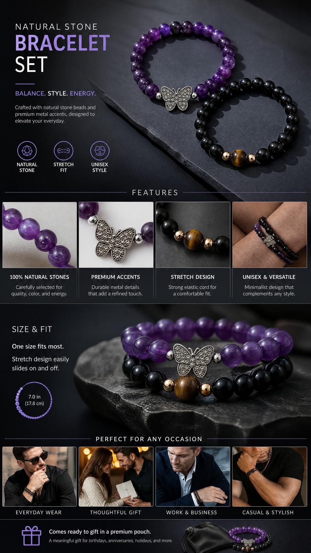 Natural Stone Bracelet Set 2 Pack, Handmade Stretch Bead Bracelets for Women Men, Crystal Style Jewelry, Everyday Wear Gift